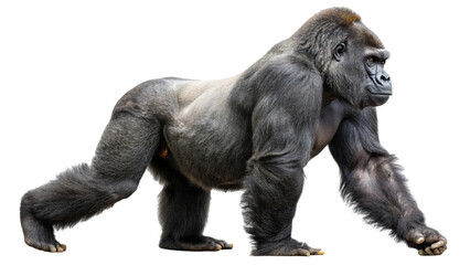 Fototapeta premium Majestic silverback gorilla walking confidently on a transparent background showing its powerful build and fur detail isolated on transparent background