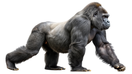 Majestic silverback gorilla walking confidently on a transparent background showing its powerful build and fur detail isolated on transparent background