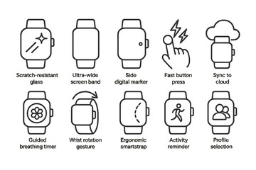 Smartwatch features outline icon set. digital, wearable tech line icons collection