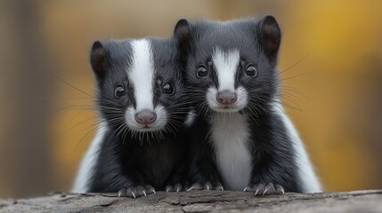 Obraz premium Two baby skunks face to face, showing affection with a warm, golden background.