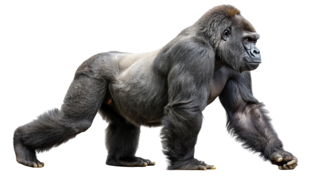 Majestic silverback gorilla walking confidently on a transparent background showing its powerful build and fur detail isolated on transparent background