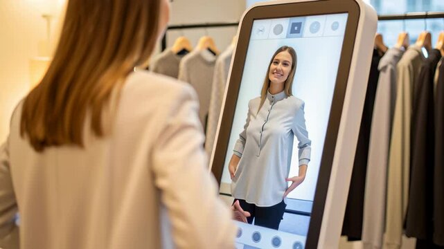 Innovative shopping experience with virtual fitting mirror showcasing woman trying clothing store, blending fashion, technology, and modern fitting