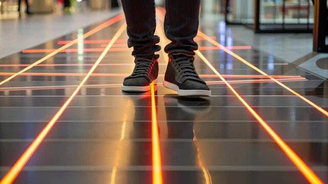Futuristic illuminated floor with glowing orange lines high tech retail environment, creating glowing, modern, and innovative shopping space with