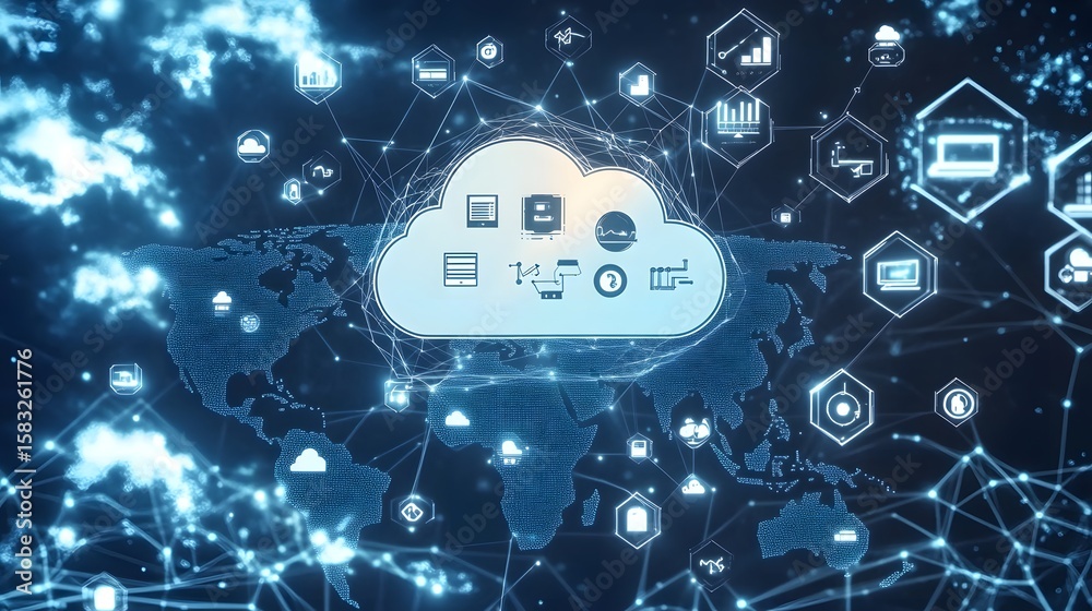 Poster global cloud computing network visualization.
