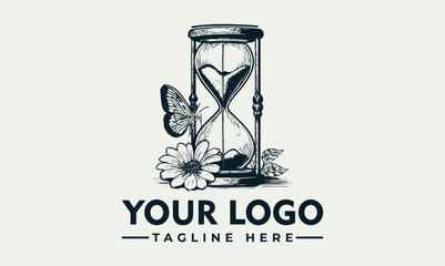 Vintage-style logo featuring an hourglass, butterfly, and flower, symbolizing time and nature.