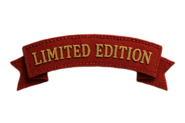 Red Ribbon Label with Gold “Limited Edition” Text – Vintage Embroidered Fabric Banner

