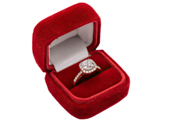 Diamond ring in red velvet box on transparent background