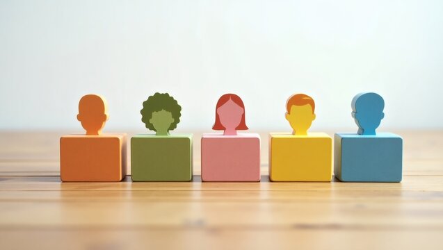 diversity figures: a unique collection of colorful figures symbolizing unity and representation on a wooden surface. These figures, each with distinct features and colors, stand together.