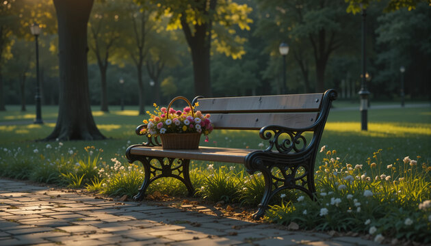 a lonely wooden bench on the park someone leave a basket of flowers on the side my heart was empty many come and go just stay for a while and leave without say goodbye accompany by the wild flowers it