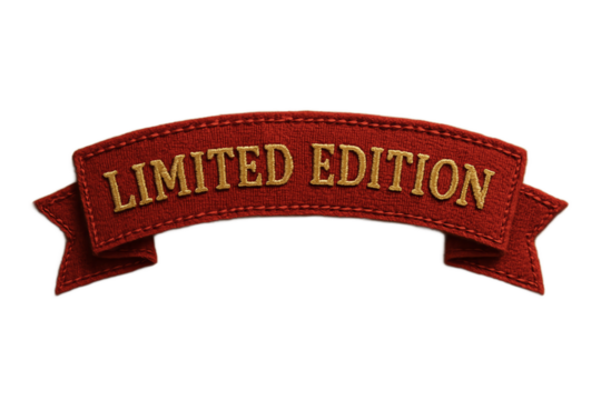 Red Ribbon Label with Gold “Limited Edition” Text – Vintage Embroidered Fabric Banner

