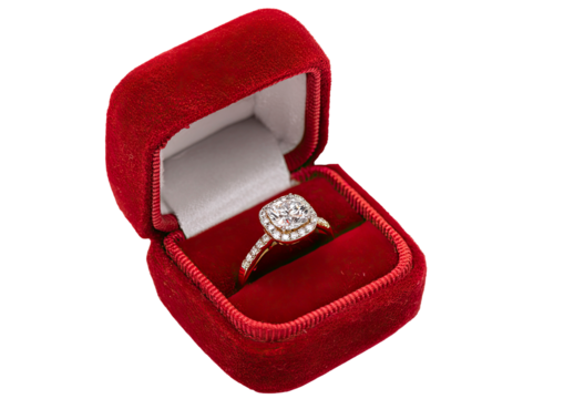 Diamond ring in red velvet box on transparent background