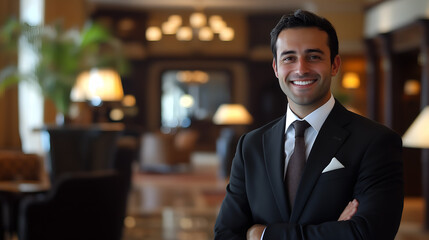 Fototapeta premium Confident businessman smiles warmly in an elegant hotel lobby wearing a stylish suit and tie