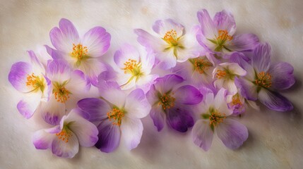 Obraz premium Delicate purple and white blossoms with yellow stamens arranged artfully on a textured light background.