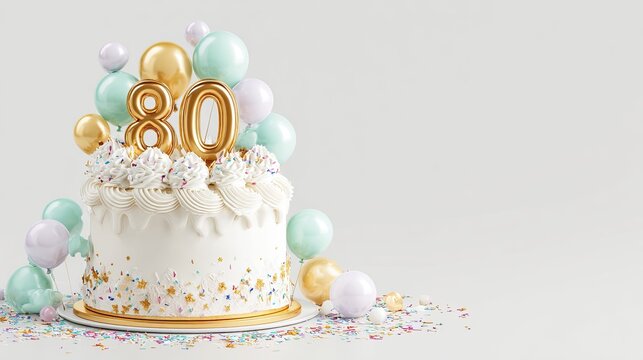 Festive birthday cake with gold number 80 topper, whipped cream, balloons and confetti on white background