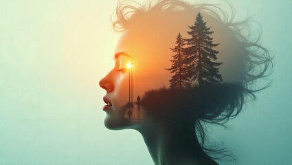 A woman's profile merges with a scenic landscape, symbolizing inner thoughts and reflections. The image evokes contemplation and harmony with nature. 