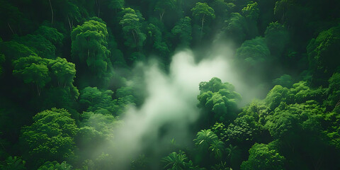 Obraz premium Dense Jungle Trees with Swirling Mist and Serene Atmosphere