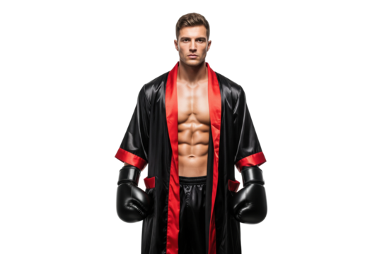 Confident male boxer in a black and red robe with gloves, looking at the camera