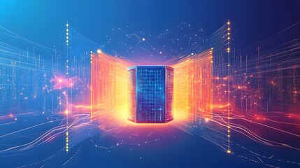 Data center network with glowing lines and points.