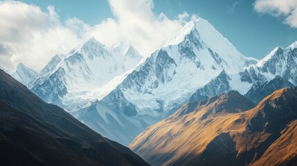 Majestic snow-capped mountains pierce the sky, creating a serene and awe-inspiring vista