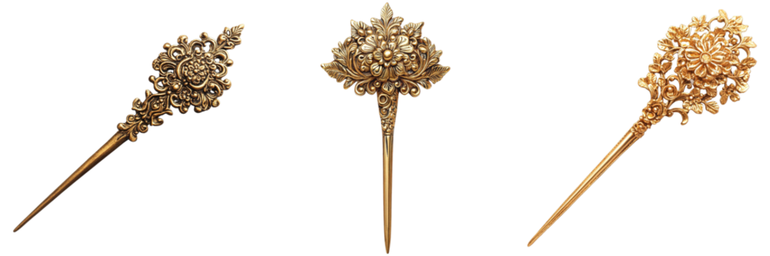 Set of Traditional Bridal Hairpins with Intricate Handcrafted Gold Floral Designs on Transparent Background