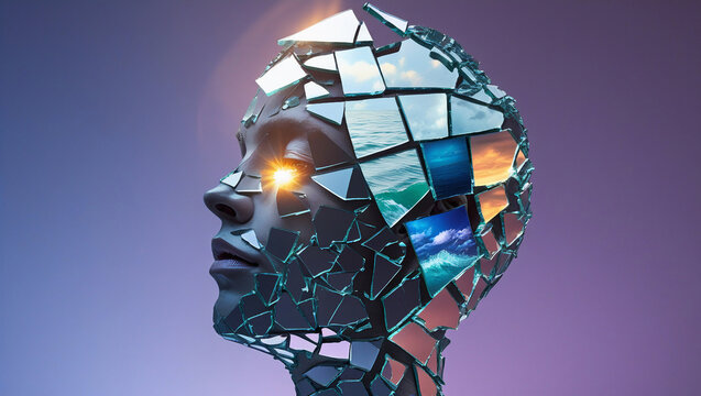 Surreal Human Head Formed from Suspended Mirror Pieces Reflecting Multiple Emotional Scenes, with Gaps Between Glass Shards and Soft Ambient Light on a Dreamlike Indigo-to-Lavender Background
