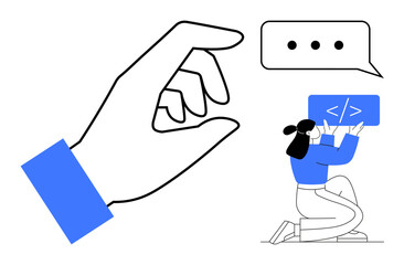 Oversized hand reaching towards a kneeling developer handling code block, with speech bubble. Ideal for teamwork, coding, feedback, collaboration, design, communication, simple landing page