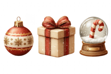 A christmas ornament, a gift box with a red bow, and a snow globe with a candy cane inside