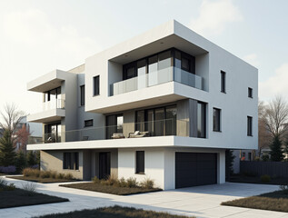 Contemporary suburban white house with geometric shapes. Modern suburban white building with clean lines and geometric shapes