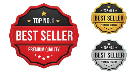 Premium Best Seller Badge Collection - Large  Red Shield and Compact Gold Silver Awards with Stars Vector