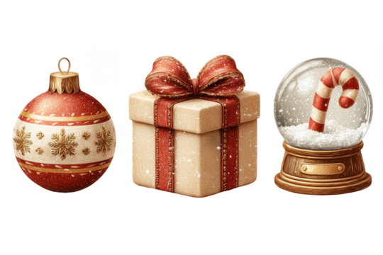 A christmas ornament, a gift box with a red bow, and a snow globe with a candy cane inside