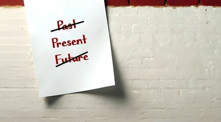 Stick note with text written PAST PRESENT FUTURE, and choose PRESENT only, concept of living with present moment only, let go of past and not waiting for future