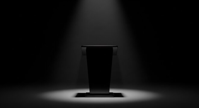 A dark podium stands illuminated by a single spotlight in a stark, minimalist setting.