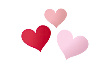 Three Hearts in Red and Pink Tones on Transparent Background