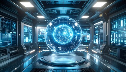 Futuristic Globe Floating in a Spaceship Interior with Glowing Technology