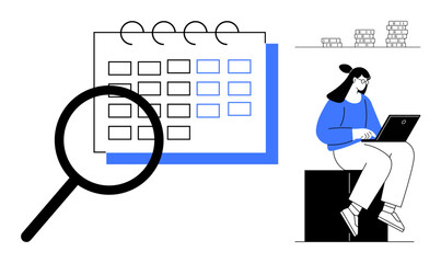 Magnifying glass focusing on a calendar, emphasizing planning. Woman seated on stool using laptop. Ideal for time management, productivity, scheduling, analysis, organization strategy focus. Simple