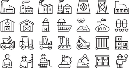 Industrial buildings vehicles and workers icons factory industry