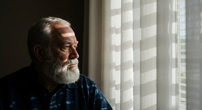 Elderly man looking out a window with a thoughtful, contemplative expression