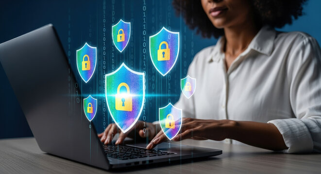 Cybersecurity Protection: Woman Typing on Laptop with Digital Shield Overlay for Data Security, Privacy, and Online Safety in Modern Business