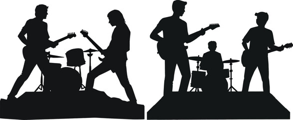 Obraz premium A silhouette design showcases a rock band performing, with musicians playing guitar and drums, ideal for posters, apparel, and music-related designs, capturing the energy of live music.