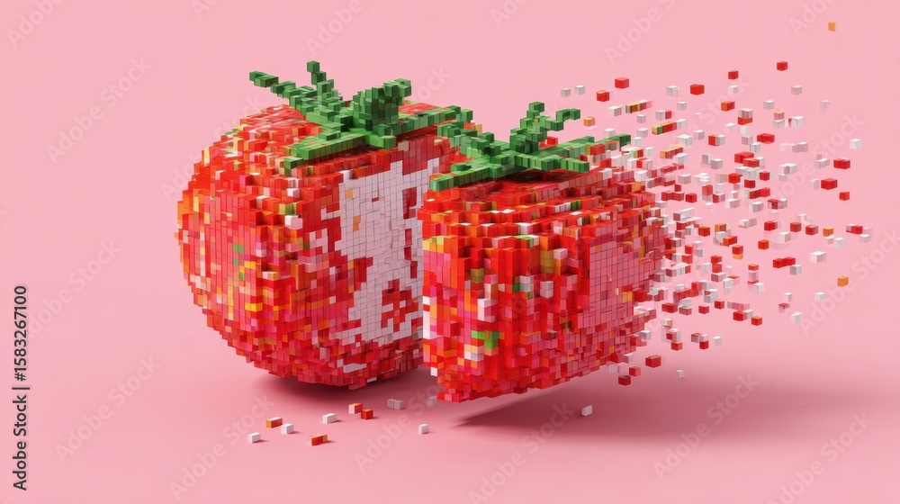 Poster realistic 3d tomato split into pixelated blocks showcasing tech-art style with a clean side margin o