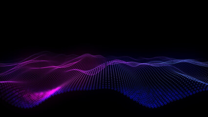 Futuristic background wavy lines from dots in dark cyberspace. Big data. Digital technology concept data analysis. Abstract wave with purple particles DOF.