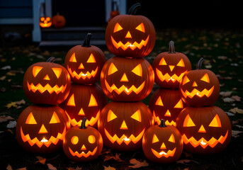 Fototapeta premium Stacked jack-o'-lantern pumpkins glowing in the dark outdoors. Carved faces emit warm orange light, creating a classic Halloween atmosphere on a lawn with scattered autumn leaves.