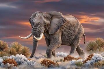 Fototapeta premium Wild elephant in golden grassland scenery high resolution image