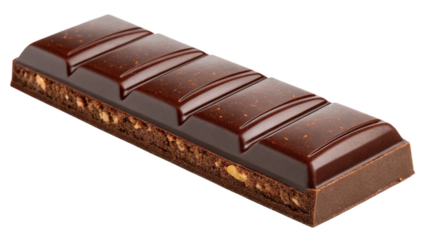 A dark brown chocolate bar, showcasing a classic rectangular shape with a layer of crunchy nuts