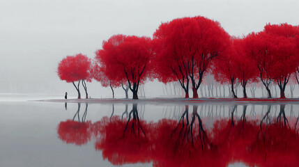 Crimson trees and pale lake, minimalist art