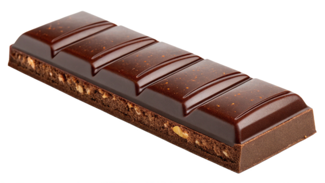 A dark brown chocolate bar, showcasing a classic rectangular shape with a layer of crunchy nuts