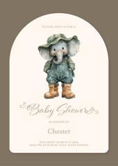 Baby Shower Invitation with Cute Watercolor Elephant in Overalls and Boots – Neutral Safari Theme