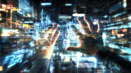 Digital cityscape interaction with a hand.