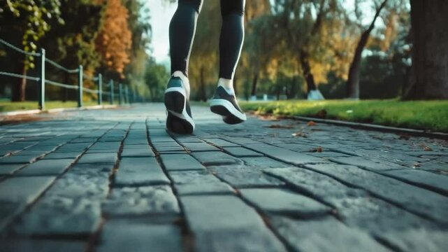 Man in athletic shoes running on wet paving stones in the park. Great choice for motivational posts, fitness blogs and articles about healthy lifestyle.
