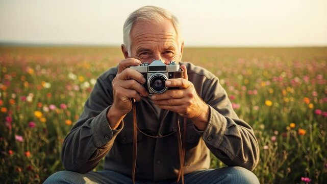 Elderly photographer fine-tuning a vintage camera in a colorful field during golden hour